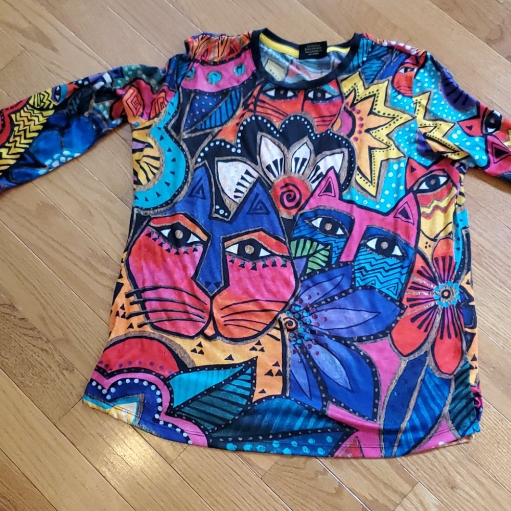 Laurel Burch Cat 3 Quarter Sleeve T shirt Sz XXL